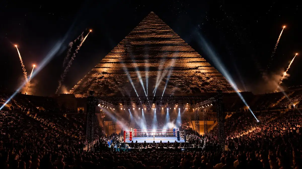 Oleksandr Usyk vs Rico Verhoeven face-off — WBC Heavyweight title fight, Pyramids of Giza, May 23 2026